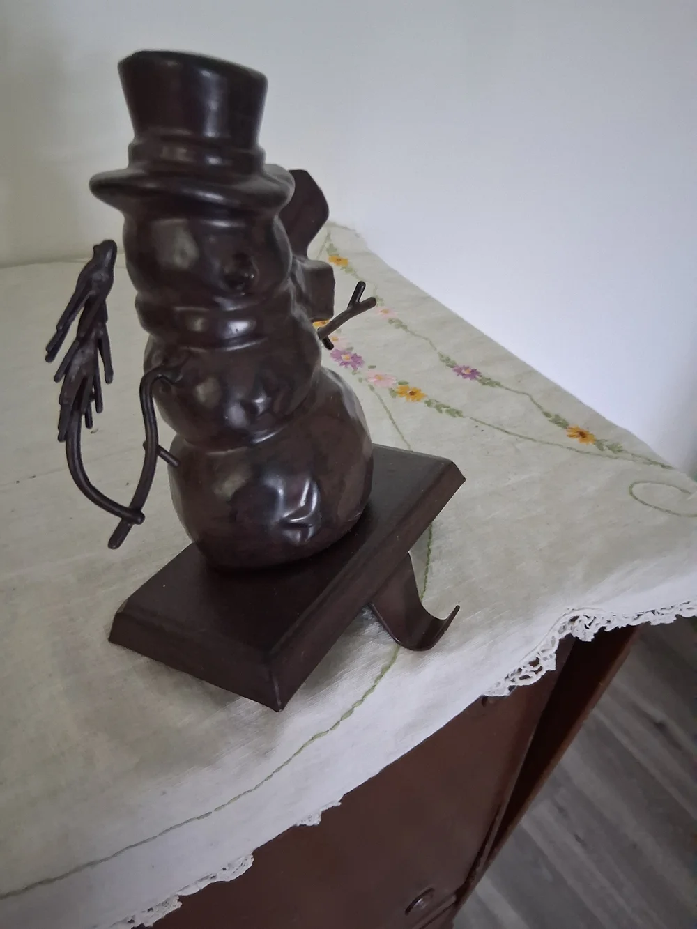 Decorative Metal Snowman Figurine in Dark Brown